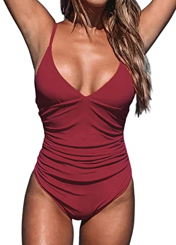 CUPSHE Damen Einteiler Badeanzug Triangel V Ausschnitt Raffung Bauchweg Strandmode Einteilige Bademode Swimsuit Weinrot M