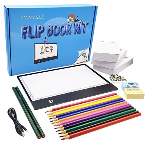 Canvall Flipbook Kit zum Zeichnen und Nachzeichnen, enthalten:A5 LED Light Box, 540 Seiten animiertes Loseblattpapier, 2 HB +12 farbige Zeichenstifte, Bleistiftspitzer, Radiergummi, Schraubendreher