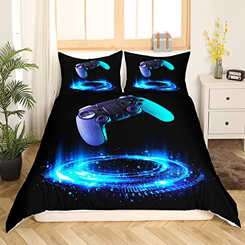 Tbrand Jungen Gamepad Bettwäsche Set 135x200cm Videospiel Gamepad Bettbezug Set für Kinder Jugendliche Erwachsene Geometric Circle Betten Set Game Controller 2St Schwarz, Blau