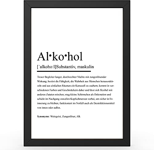 Urhome DIN A4 Kunstdruck Definition Alkohol inkl. Rahmen - Worterklärung wie im Duden Lexikon als Wanddeko Spruch-Poster Deko Wandbild mit Spruch gerahmt für Wohnung Familie Geschenk