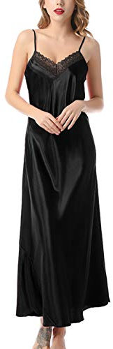 Aivtalk - Femme Nuisette Longue en Soie Artificielle Chemise de Nuit Col V en Satin Robe de Nuit en Dentelle Babydoll Lingerie Style 3 Noir Taille 40