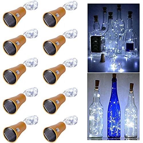 Toifucos Solar Wine Bottle Lights, 10 Pack 20LEDs 2M Copper Cork Shaped Lights Solar Fairy Lights Mini Fairy String Lights for Indoor Outdoor DIY, Party, Wedding, Christmas Decor (White)