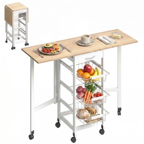 HOMCOM Carrello Portavivande Pieghevole 37x37x77.5 cm Bianco e Legno | 6 Ruote, 3 Cestini, Cassetto e 2 Ribalte, Carrellino per Cucina, MDF e Metallo