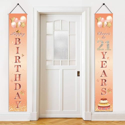Happy 21st Birthday Door Banner Party Decorations,Rose Gold Fabric 21st Birthday Door Porch Sign Banner for Girls Women Ladies 21 Years Old BirthdayParty Indoor Outdoor Decor Supplies