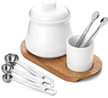 Nucookery Porcelain Sugar Bowl Set – 14 Ounce Large Sugar Jar with Lid and Measuring Spoon – Deluxe Salt Bowl with Spoons – Practical Design with No Notch Lid – Elegant Salt Container White