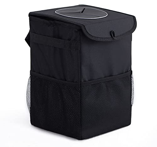 Alnicov Poubelle de voiture à suspendre avec poches de rangement, poubelle de voiture avec couvercle, pliable, portable, étanche et anti-fuite, poubelle de voiture de grande capacité
