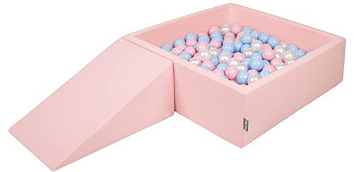 KiddyMoon Aire De Jeux en Mousse avec Carré Piscine À Balles (100 Balles) pour Enfants, Rose:Babyblue/Rose Poudre/Perle