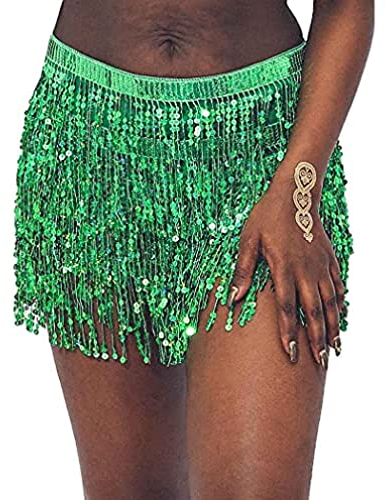 Bauchtanz Quaste Fransenrock Sexy Pailletten Rock Outfit Rave Rock Hüfttuch Kostüme Hip Glitzer Rock Franse Rock Glitzer Rock Karneval Kostüm (Einheitsgröße,Grün)