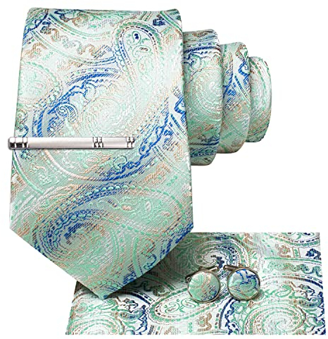 Hi-Tie Klassisches Herren-Krawatten-Set aus Seide, Einstecktuch, Manschettenknöpfe, Clipnadel, solide Streifen, Paisley-Krawatte, 4-teilig, Light Mint, M