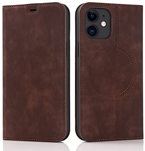 QLTYPRI Wallet Case for iPhone 12/iPhone 12 Pro (6.1 inch) Compatible with Magsafe Charger, Magnetic Flip Folio PU Leather Phone Case with RFID Blocking Card Slots Kickstand Shockproof Cover-Coffee