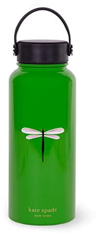 Kate Spade New York Extra Large Insulated Water Bottle, 33 Ounce Stainless Steel Water Bottle with Handle, Green Double Wall Metal Tumbler with Lid, Dragonfly Flight