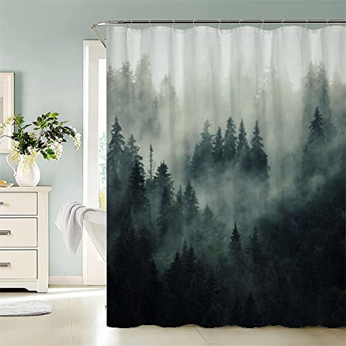 AASIRA Duschvorhang 240x200 Tannenwald Anti-Schimmel Wasserdichter Extra Langer Duschvorhänge mit 12 Duschvorhangringen Retro-Wald 3D Motiv Bad Vorhäng für Badewanne Badezimmer