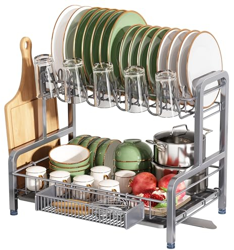 romision 2 Tier Dish Drainer Rack, Dish Drainer with Drip Tray, Stainless Steel Dish Rack with Utensil Holder, Cutting Board Holder and Cup Rack for Kitchen Counter