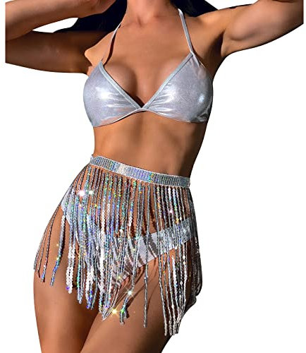 Damen Rave Outfit Glitzer Pailletten Quasten Minirock Träger BH Top Metallisches Höschen 3tlg. Festival Tanzkleidung Set Silber M