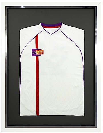 Vivarti DIY Junior, Standard Displayrahmen für Fussballhemd, Rugby-Shirt, Gürtel Shirt, Schattenbox - 50 x 70 cm - weißer Rahmen, Silber Innenrahmen, schwarze Karte