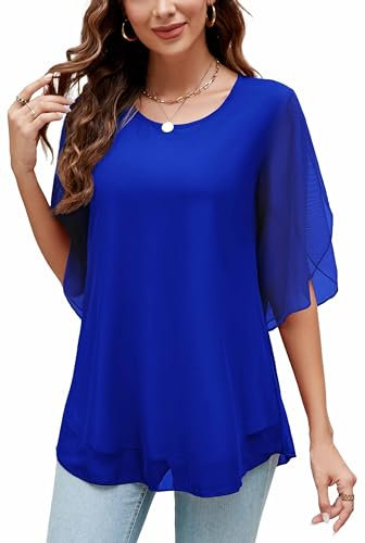 Actcat Damen Rüschen 3/4-Ärmel Mesh Blusen Lose Flowy Tops Stretch Shirts Crinkle Bluse Elegante Umstandsbluse