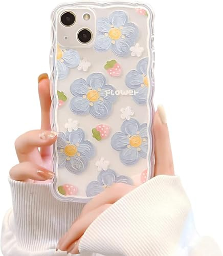 EYZUTAK Blume Handyhülle für iPhone 15,Transparent Hülle mit Niedliche Blaue Blume,Gewellte Rahmen Weiche Handyhülle mit Süßes Blumen Ästhetik Design Silikon Case Dünne Stoßfest Schutzhülle -Blau