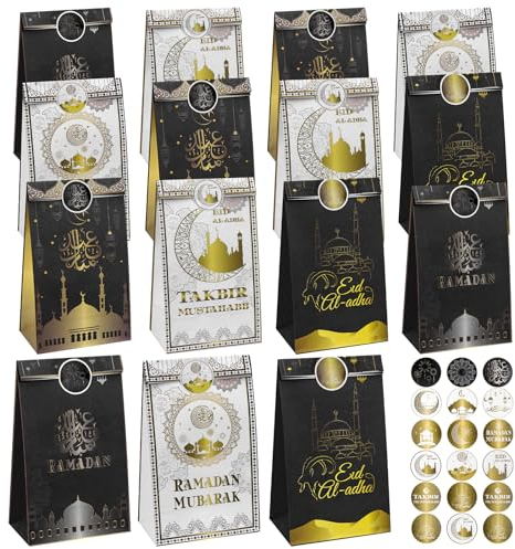 Homgaty 15 Stück Ramadan Tüten, Eid Mubarak Geschenktüten Papiertüten mit Aufkleber, Kraftpapiertüten Süßigkeiten Tüten zum befüllen Geschenkverpackung für Kinder Muslim Ramadan Dekoration
