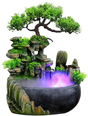 HINOPY Fontana da interni con illuminazione a LED, verde, cascata con nebbia, 28 x 15 x 15 cm