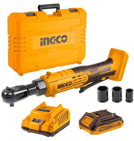 Ingco Cordless Ratchet Wrench 20V with LED Light, 3/8 Electric Drive Ratchet with 1Pcs 2.0Ah Battery, 1Pcs Charger, 3Pcs Sockets, 65Nm CDRLI2060152
