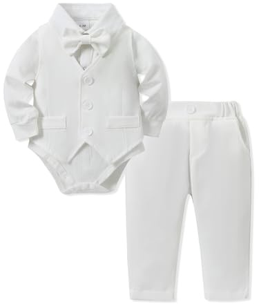 Baby Boy Baptism Clothes Outfit Suits, Infant Christening Gowns Clothing Long Sleeve Romper Jumpsuit+Pants+Bow Tie Formal Tuxedo Set for Boys White, 6-12 Months