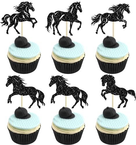 Ephlyn 24Pcs Horse Cupcake Toppers Glitter Animal Horse Racing Cupcake Pick Decorations for Baby Shower Kids Birthday Equestrian Theme Party Decorations Supplies Black
