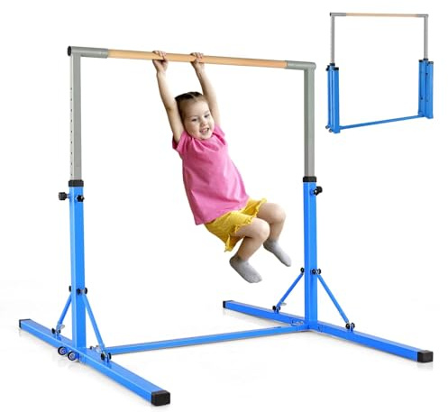 KOMFOTTEU Kinder Turnreck, Gymnastik Bar Gymnastikstange 12 stufig Höhenverstellbar, Reckstange Turnstange aus Stahl & Holz, Reck Stange zum Turnen für Mädchen Jugendliche, max 100kg (Blau-Upgrade)