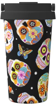 Sugar Skulls Butterfly Travel Mug, Reusable Insulated Coffee Mugs with Leakproof Screw Lid & Handle for Car Outdoor Picnic Office School, 500ml/17oz