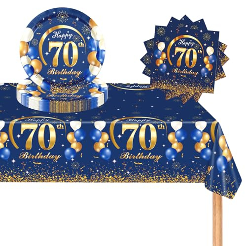 POPOYU Ensemble de vaisselle de fête d'anniversaire 70 ans - 37 pièces en carton, serviettes, nappe - Bleu doré - Décoration pour femmes et hommes - Accessoires de décoration de fête