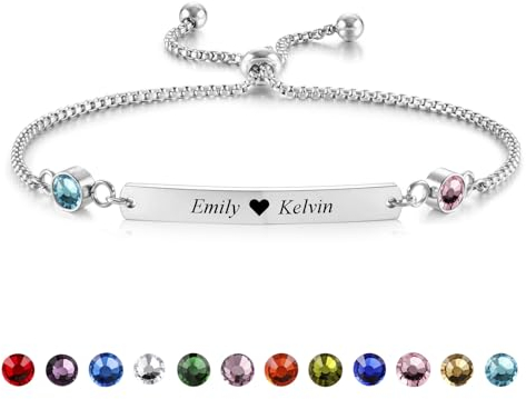 INBLUE Individuelle Name Bar Armband mit Geburtsstein für Frauen Edelstahl Einstellbar Personalisierte Gravierte Text Armband Jahrestag Angepasstes Geschenk für Mama Freundin Schwester - Silber