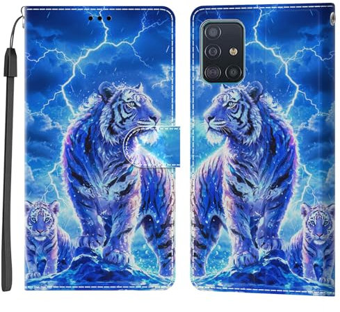 Xkladz Hülle für Samsung Galaxy A51 4G Silikon Case Flip Cover mit Muster Motiv für Mädchen Junge Klapphülle Klappbar Handyhülle PU Leder Schutzhülle Stoßfeste Handytasche Lederhülle, Blau Tiger