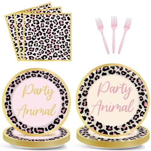 96 Pcs Animal Leopard Party Decorations Cheetah Animal Theme Tableware Set Leopard Print Party Plates Napkins Forks for Jungle Disposable Birthday Dinnerware Safari Party Supplies 24 Guests