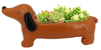Dackel-Übertopf, Hunde-Pflanzgefäß, Dackelfigur-Blumentopf, bezaubernder, handgefertigter Hunde-Pflanzgefäß für Dackel-Liebhaber, Hundeliebhaber, Gartenliebhaber, 21 x 10 x 6,5 cm