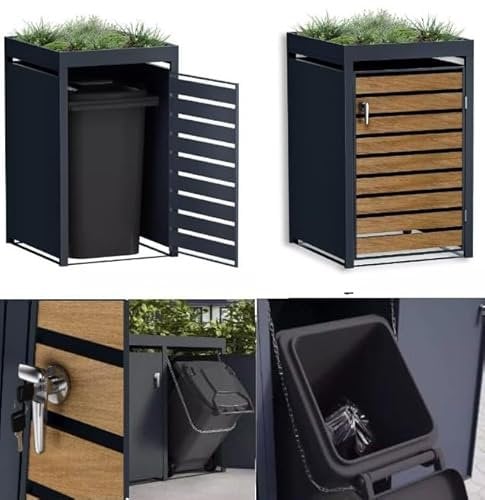 DWD® Garden Single Wheelie Bin Hideaway with Plant Roof 120L / 240L Waste Bin Storage Shed w/Locking Door Outdoor Hygienic Rustproof Dustbin Cover Powder coated Steel Matt Grey RAL7016 Wood Slats