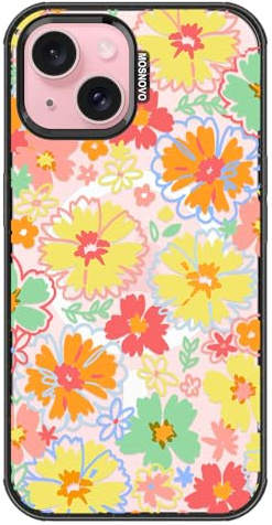 MOSNOVO Case for iPhone 15 [Compatible with Magsafe] [Buffertech 6.6ft Drop Protection] [Anti Peel Off Tech] - Clear Black - Retro Boho Hippie Flowers