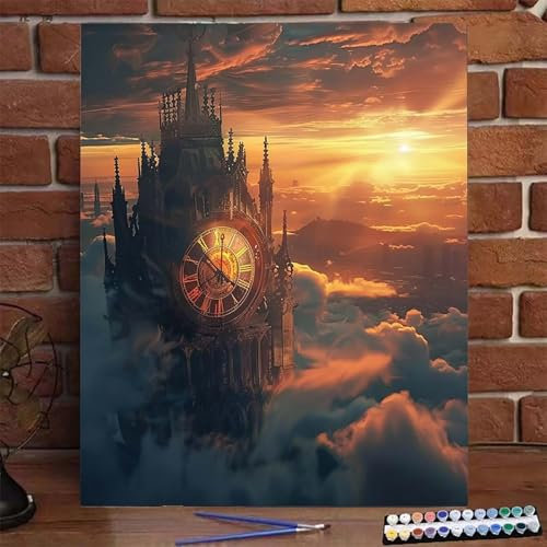 Big Ben Malen Nach Zahlen Erwachsene, Paint by Numbers Adult Anfänger Kreativ Set, Heimwerk Malen Nach Zahlen Kinder Sonnenuntergang mit Rahmen, Pinsel und Acrylfarbe Als für Wanddeko 100X135 CM D-3