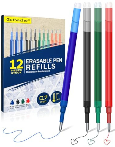 GutSache 12x Radierbare Ersatzminen für Pilot FriXion Ball & Clicker & Eberhard Faber Stifte, Thermosensitive Tintenpatronen, Bunte Radierbare Gelschreiberminen, Radierbare Tintenrolle, 4 Farben
