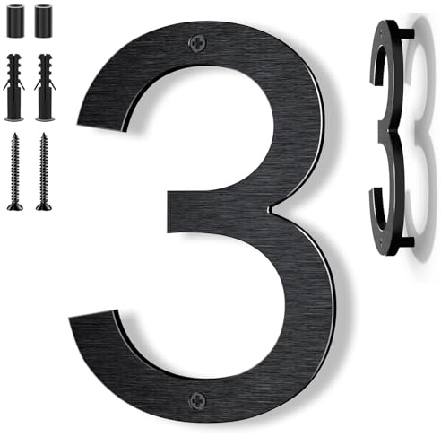 Yafimea numéro de maison exterieur noir 20 cm – En aluminium massif avec finition brossée, fixation par vis avec effet 3D flottant, résistant aux intempéries, Pour façade, mur, portail, garage (3)