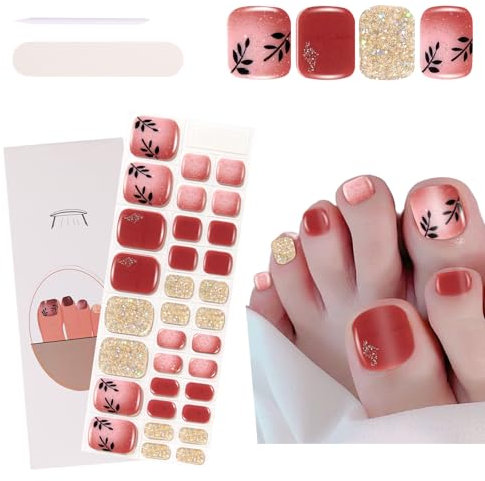 JSRQT 32Pcs Semi Cured Gel Toe Nail Strips, Red Color Glitter Full Wraps Gel Toenail Stickers with Leaves Design, UV Polish Nails Strip Wraps Art Decals for Women Girls DIY Feet Manicure