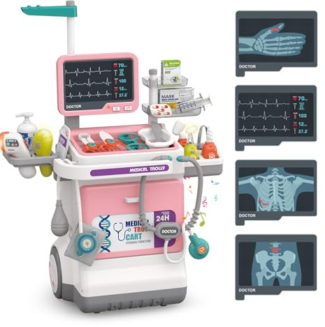 Arztkoffer Kinder, Arztwagen mit Ton & Licht ,Medizinische Spielzeug Mit Echtem Stethoskop Rollenspiel Spielzeug ,Doktor Spielzeug Set für Jungen Mädchen ab 3 Jahren, großes Geschenk für Kinder(Rosa)