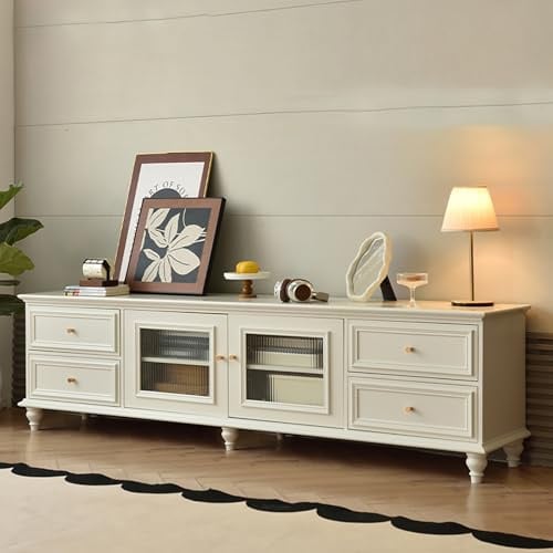 Aipunlus TV Lowboard Schwarz, TV-Schrank mit 4 Schubladen und Glasfronten, Retro Fernsehtisch, Medienkonsole für Wohnzimmer, TV Board Holz, Modernes TV-Möbel mit Stauraum (Weiß, 180cm)