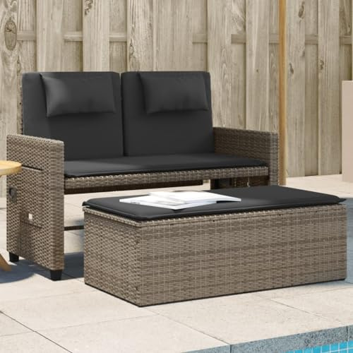 WDGJJFECNMUEHI Adjustable Garden Bench with Cushions Gray PE Rattan Outdoor Sofa Bed 2-in-1 Convertible Patio Furniture for Terrace Balcony
