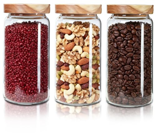 HomeyHoney Bocal en Verre Hermétique, Bocaux en Verre pour Conserves | Bonbonnières avec Couvercles en Bois, Pots en Verre avec Couvercles pour Céréales, Pâtes, Biscuits, 950 ml, Lot de 3