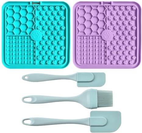 LBAAUX 2 Pieces Of Anti-Choking Slow Food Pads, 3 Pieces Of Cream Scrapers, Silicone Pet Slow Food Pads, Anti-Barking Licking Pads With Suction Cups, Jam Smearing Knives.