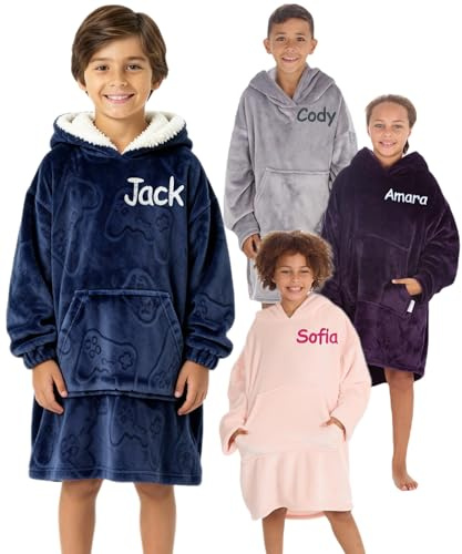 Personalised Kids Oversized Hoodie Blanket Soft Fleece Wearable Hoody Childrens Snuggle Cosy Hooded Blanket for Girls Boys Age 7-13 Years (Navy Gamer)