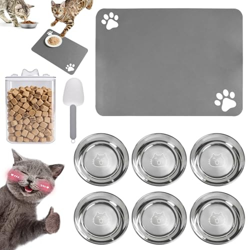 6 Pièces Gamelle pour Chiens Et Chats en Acier Inoxydable,14cm Gamelle INOX Chat,60x40cm Tapis Chat Gamelle Absorbant,Tapis De Nourriture pour Chien Et Chats,Cuillère à Grains,pour Petits Animaux