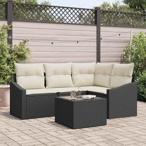 Owoxanthellate Schwarz Gartensofa Set 5-Teilig Poly-Rattan Eckbank mit höhenverstellbarem Tisch und wetterfesten Kissen für Balkon Terrasse und Lounge Outdoor 240 x 55 cm