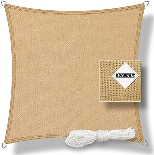 Sonnensegel quadratisch 2,5x2,5m inkl. Befestigungsseile - Sonnenschutz atmungsaktiv mit Edelstahl Ösen für Garten, Terrasse, Balkon, beige