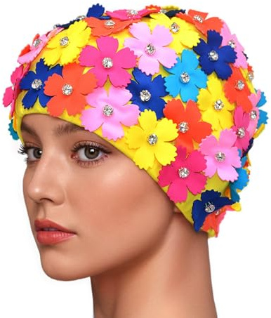 Medifier Handbuch Strass Floral Blütenblatt Retro Stil Schwimmen Gap Badekappen für Frauen