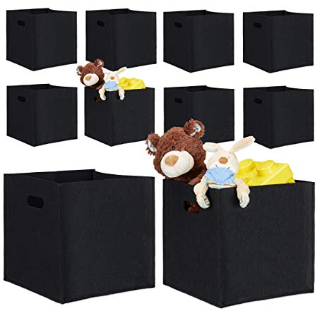 10er Set quadratische Filzkörbe, faltbar, mit 2 Trageöffnungen, schicke Regalkörbe, H x B x T: 30 x 30 x 30 cm, schwarz